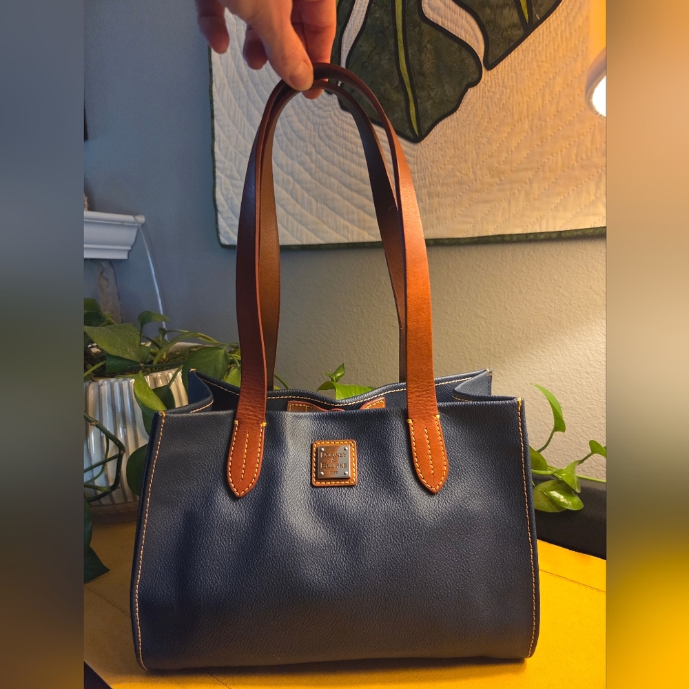 Dooney & Bourke Navy Shpper Tote With Brown Leather Should Straps